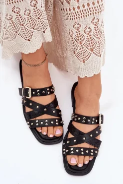 Zdobione Klapki Damskie Na Płaskim Obcasie Z Paskami I Klamrą Czarne Manitte