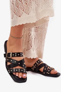 Zdobione Klapki Damskie Na Płaskim Obcasie Z Paskami I Klamrą Czarne Manitte