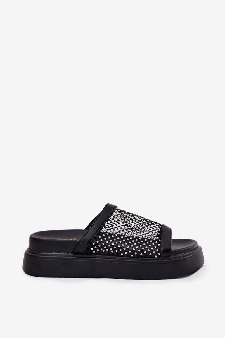 Zdobione Klapki Damskie Na Platformie Z Siateczką S.Barski MY51-016 Czarne