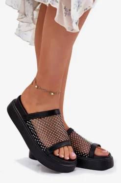 Zdobione Klapki Damskie Na Platformie Z Siateczką S.Barski MY51-016 Czarne