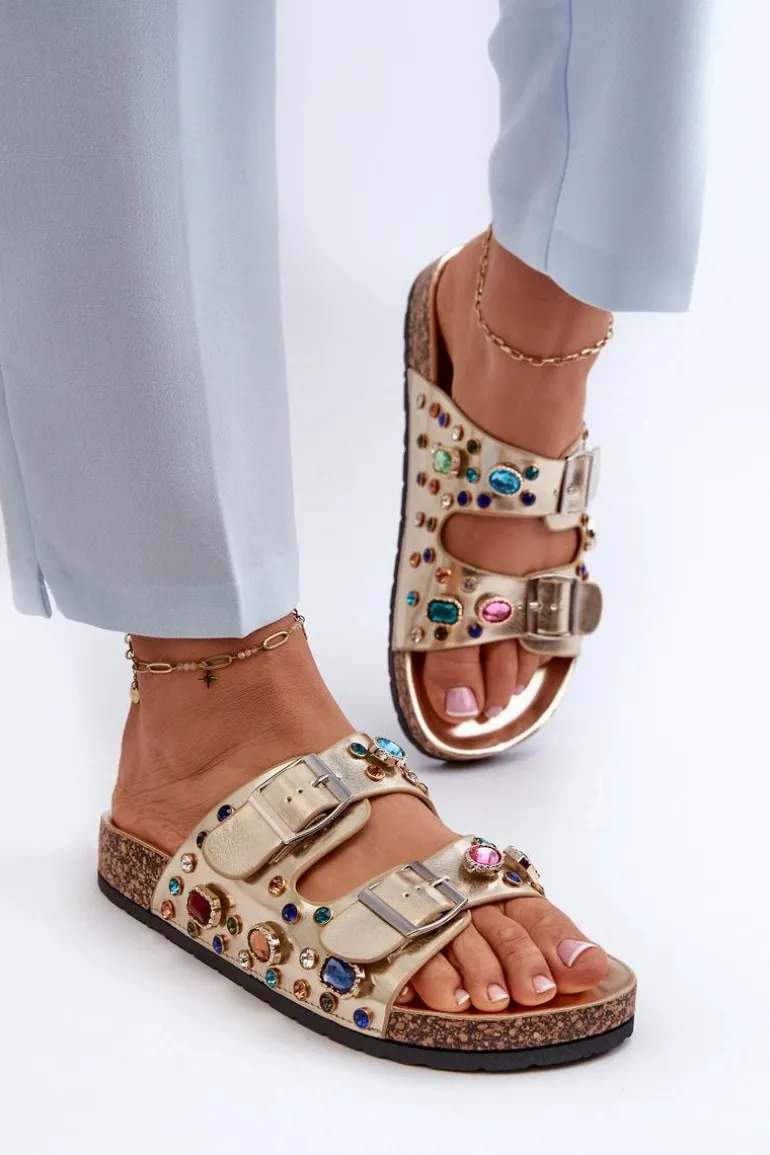 Zdobione Klapki Damskie Z Klamrami S.Barski MY121 Złote