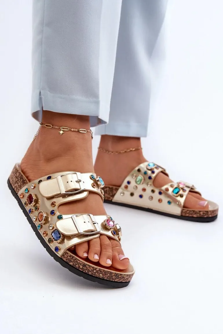 Zdobione Klapki Damskie Z Klamrami S.Barski MY121 Złote