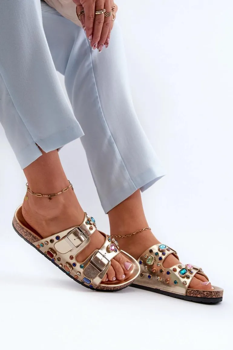 Zdobione Klapki Damskie Z Klamrami S.Barski MY121 Złote