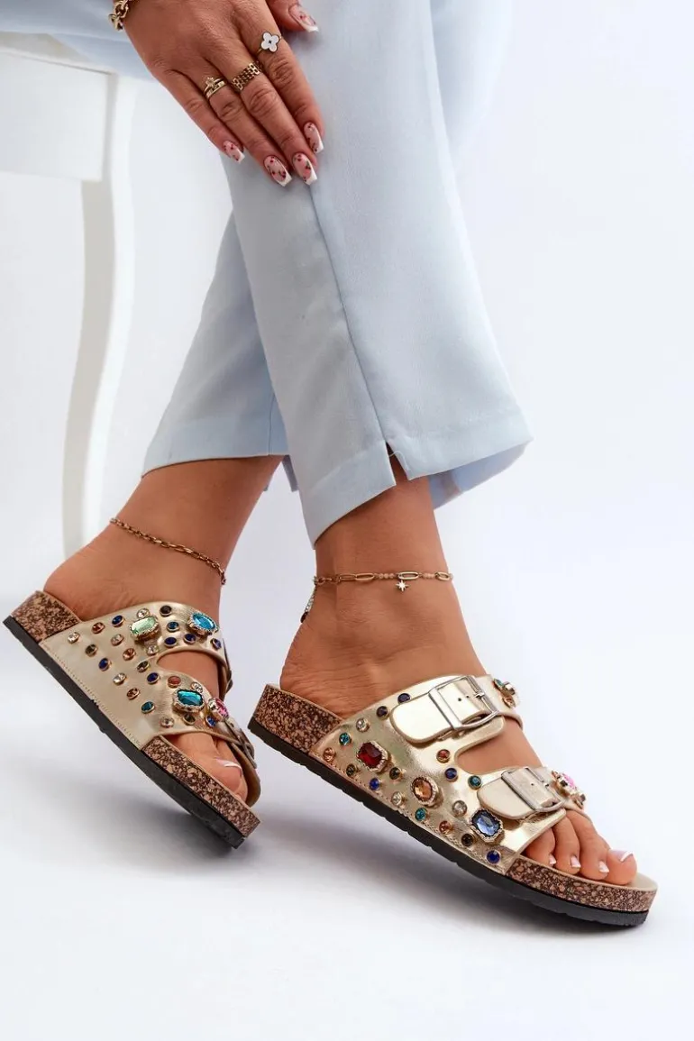 Zdobione Klapki Damskie Z Klamrami S.Barski MY121 Złote