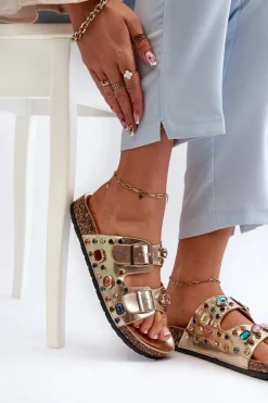 Zdobione Klapki Damskie Z Klamrami S.Barski MY121 Złote