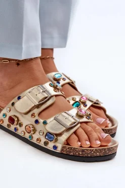 Zdobione Klapki Damskie Z Klamrami S.Barski MY121 Złote