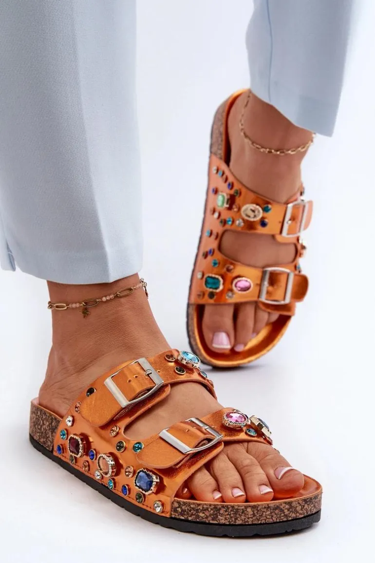 Zdobione Klapki Damskie Z Klamrami S.Barski MY121 Pomarańczowe