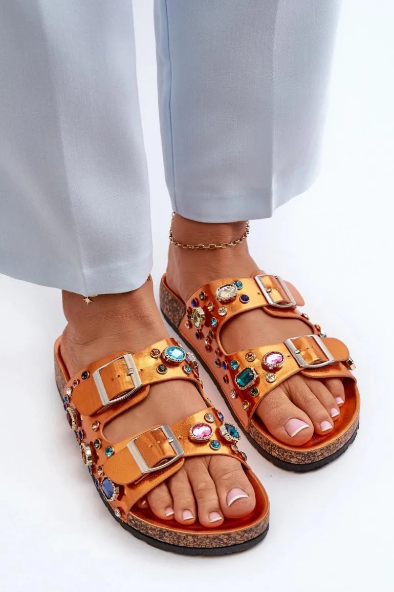 Zdobione Klapki Damskie Z Klamrami S.Barski MY121 Pomarańczowe