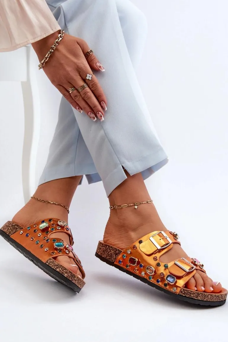 Zdobione Klapki Damskie Z Klamrami S.Barski MY121 Pomarańczowe