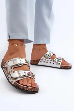 Zdobione Klapki Damskie Z Klamrami S.Barski MY121 Srebrne