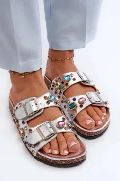 Zdobione Klapki Damskie Z Klamrami S.Barski MY121 Srebrne