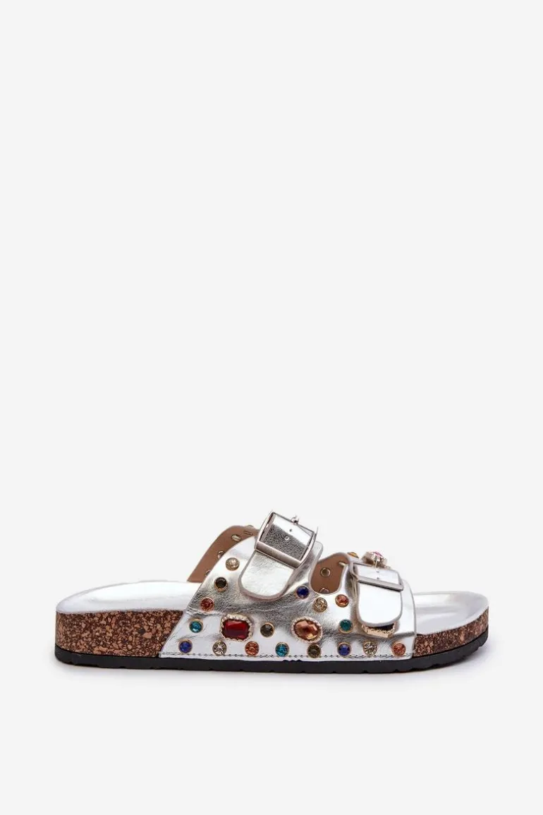 Zdobione Klapki Damskie Z Klamrami S.Barski MY121 Srebrne