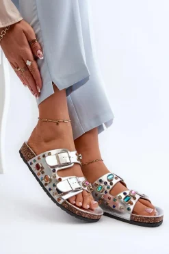 Zdobione Klapki Damskie Z Klamrami S.Barski MY121 Srebrne