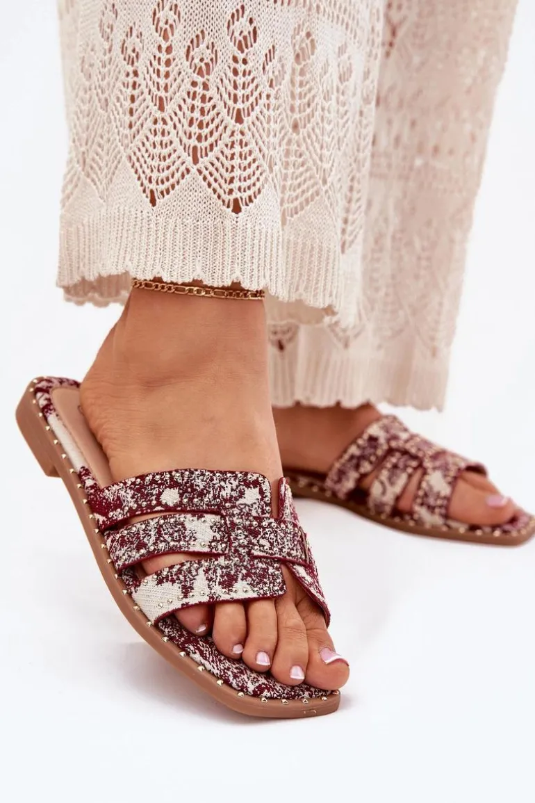 Zdobione Klapki Na Płaskim Obcasie Bordowe Anniles