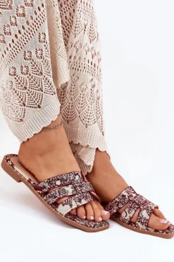 Zdobione Klapki Na Płaskim Obcasie Bordowe Anniles