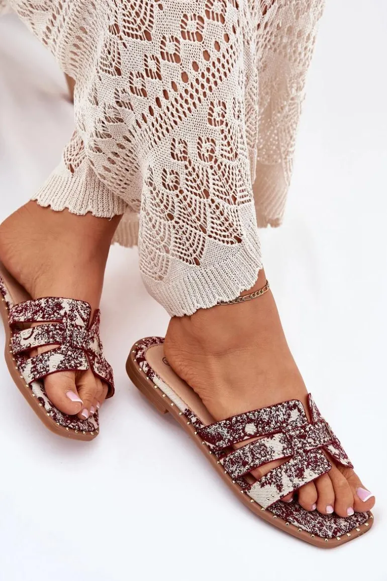 Zdobione Klapki Na Płaskim Obcasie Bordowe Anniles