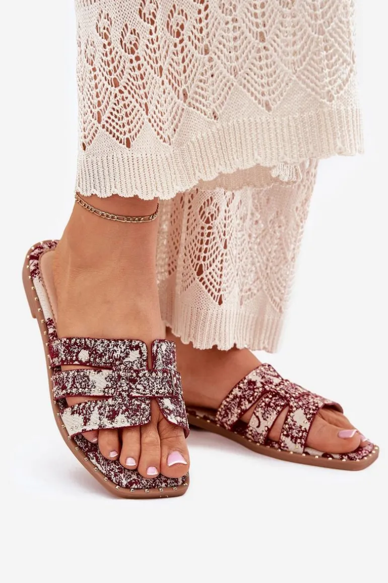 Zdobione Klapki Na Płaskim Obcasie Bordowe Anniles