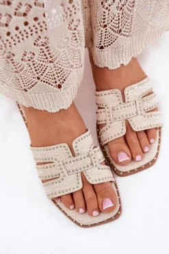 Zdobione Klapki Na Płaskim Obcasie Beżowe Anniles