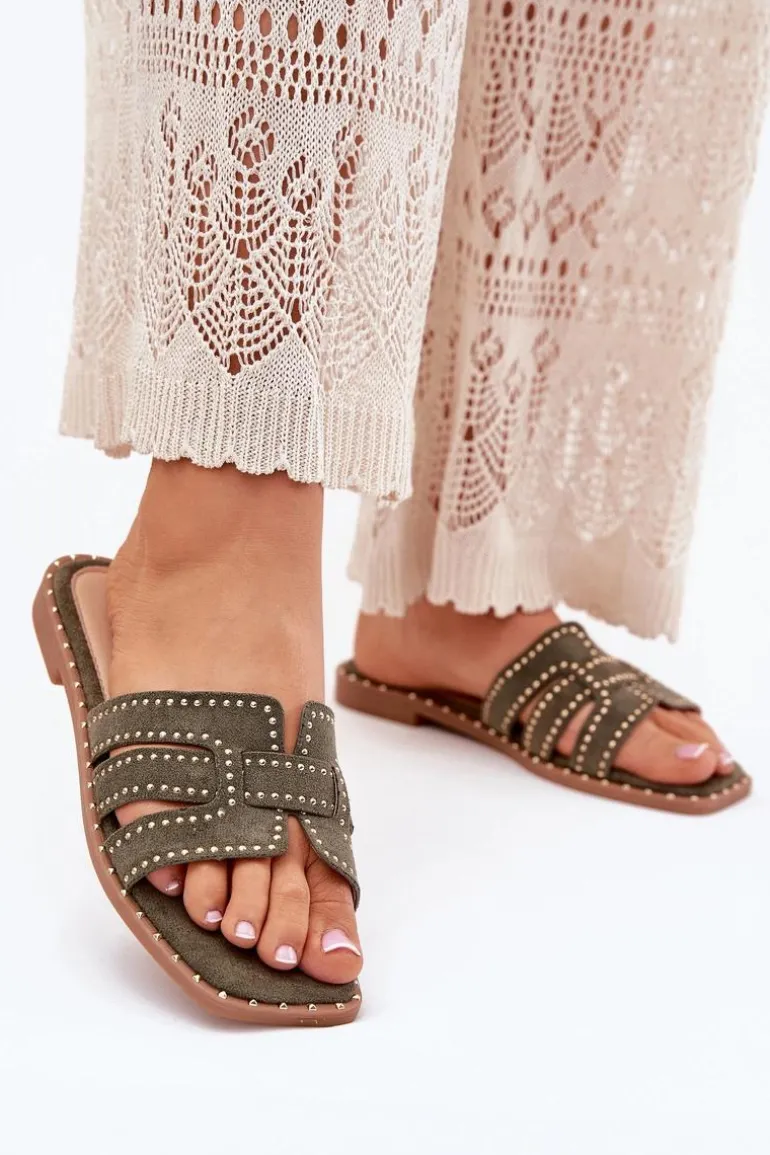 Zdobione Klapki Na Płaskim Obcasie Zielone Anniles