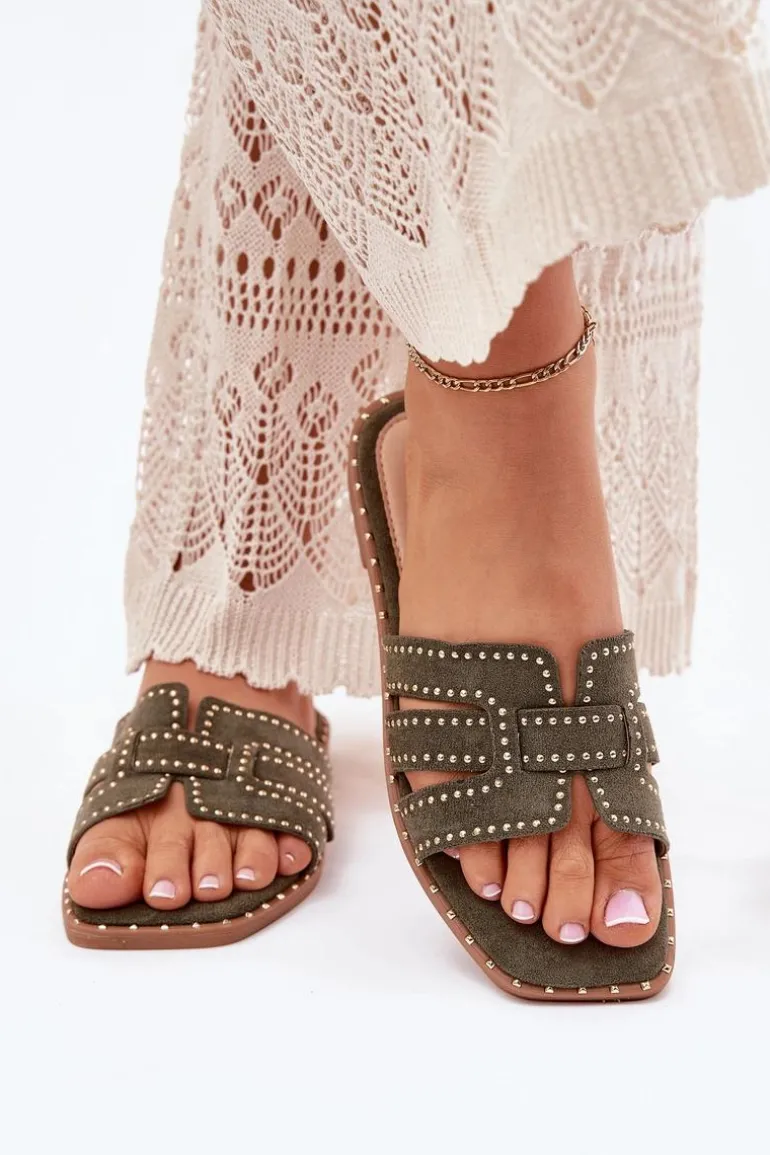 Zdobione Klapki Na Płaskim Obcasie Zielone Anniles