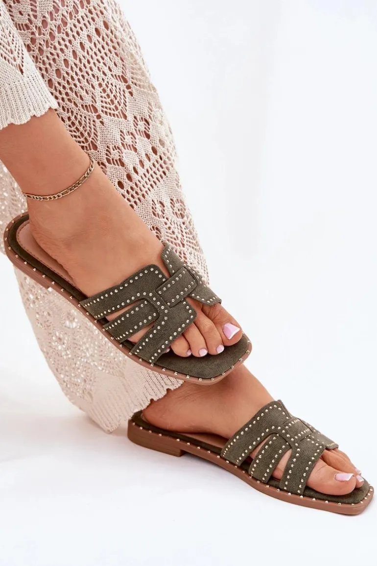 Zdobione Klapki Na Płaskim Obcasie Zielone Anniles