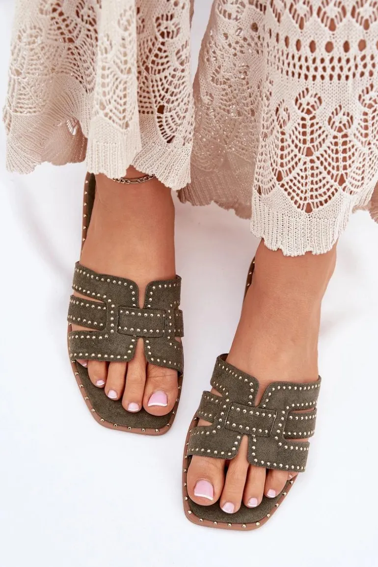 Zdobione Klapki Na Płaskim Obcasie Zielone Anniles