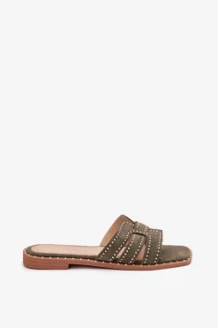 Zdobione Klapki Na Płaskim Obcasie Zielone Anniles