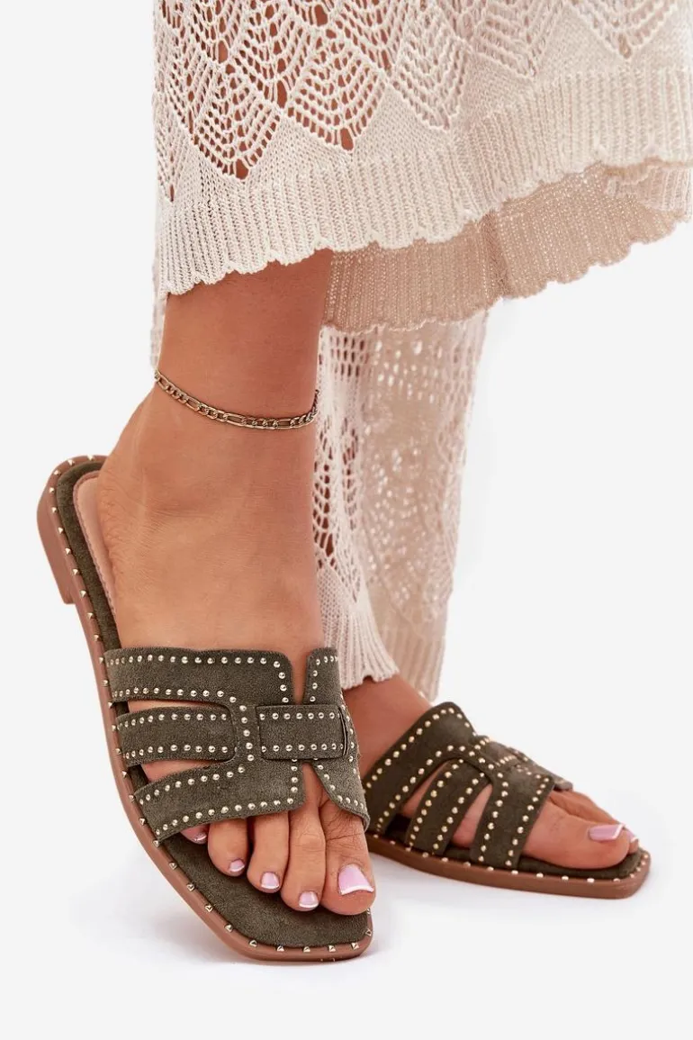 Zdobione Klapki Na Płaskim Obcasie Zielone Anniles