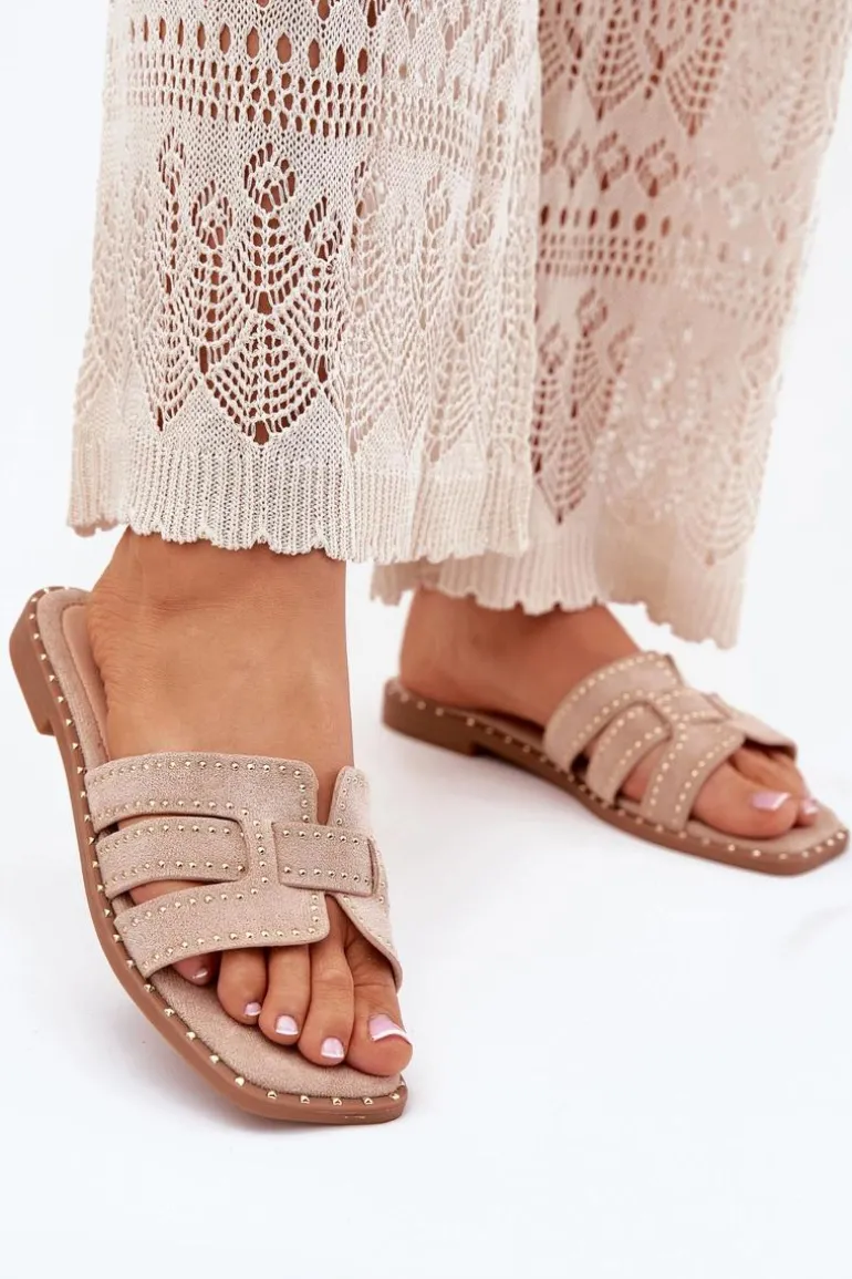 Zdobione Klapki Na Płaskim Obcasie Khaki Anniles