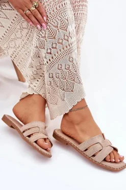 Zdobione Klapki Na Płaskim Obcasie Khaki Anniles