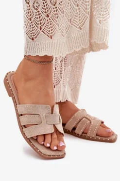 Zdobione Klapki Na Płaskim Obcasie Khaki Anniles