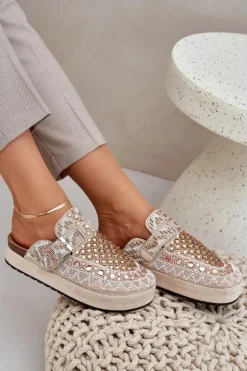 Zdobione Klapki Na Platformie Beżowe Terfitra