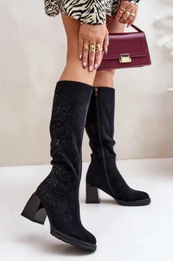 Zdobione Kozaki Damskie Przed Kolano Ocieplane Na Słupku MR880-158 Czarne