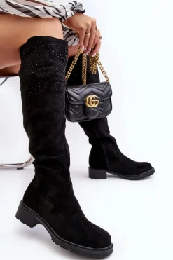 Zdobione Kozaki Damskie Za Kolano Na Płaskim Obcasie Czarne Cintya