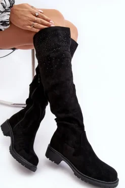 Zdobione Kozaki Damskie Za Kolano Na Płaskim Obcasie Czarne Cintya