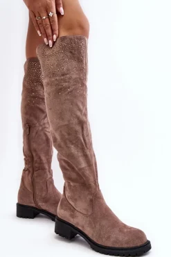 Zdobione Kozaki Damskie Za Kolano Na Płaskim Obcasie Beżowe Cintya