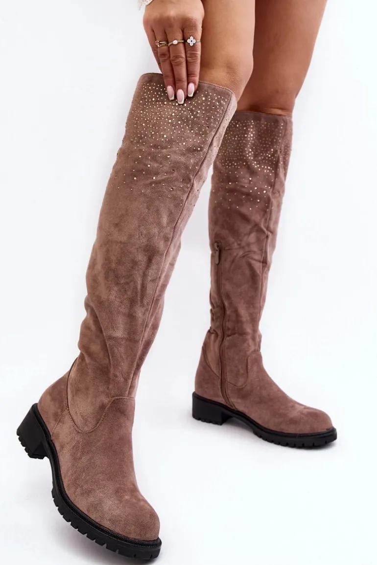 Zdobione Kozaki Damskie Za Kolano Na Płaskim Obcasie Beżowe Cintya