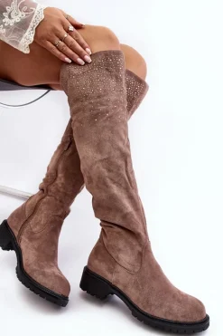 Zdobione Kozaki Damskie Za Kolano Na Płaskim Obcasie Beżowe Cintya