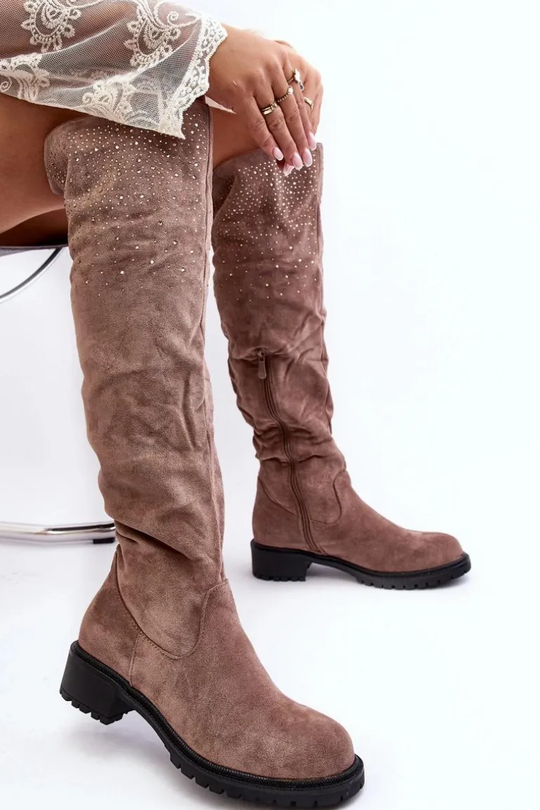 Zdobione Kozaki Damskie Za Kolano Na Płaskim Obcasie Beżowe Cintya