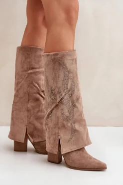 Zdobione Kozaki Z Wywiniętą Cholewką Na Słupku Ciemnobeżowe Ivilta