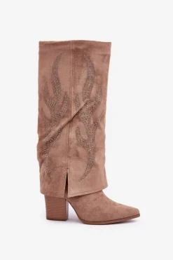 Zdobione Kozaki Z Wywiniętą Cholewką Na Słupku Ciemnobeżowe Ivilta