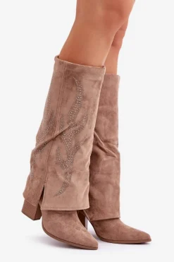 Zdobione Kozaki Z Wywiniętą Cholewką Na Słupku Ciemnobeżowe Ivilta