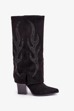 Zdobione Kozaki Z Wywiniętą Cholewką Na Słupku Czarne Ivilta