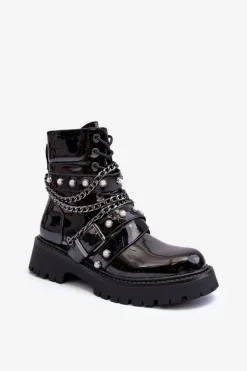 Zdobione Lakierowane Damskie Botki Workery Czarne Sibenna