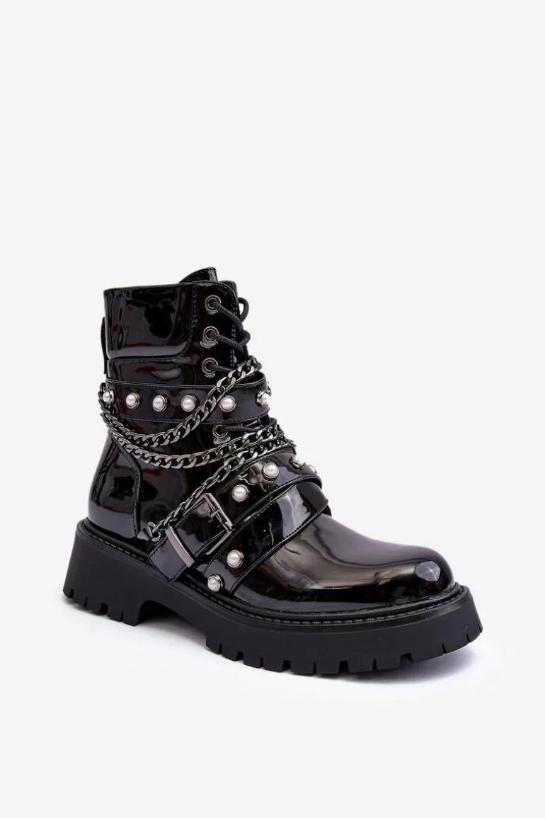 Zdobione Lakierowane Damskie Botki Workery Czarne Sibenna