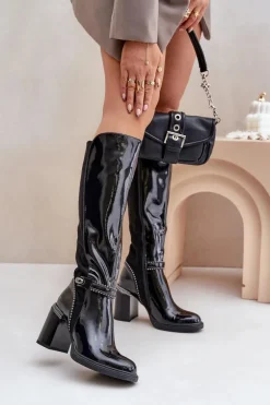 Zdobione Lakierowane Kozaki Damskie Na Słupku D&A MR880-055 Czarne