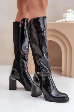 Zdobione Lakierowane Kozaki Damskie Na Słupku D&A MR880-055 Czarne