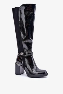 Zdobione Lakierowane Kozaki Damskie Na Słupku D&A MR880-055 Czarne