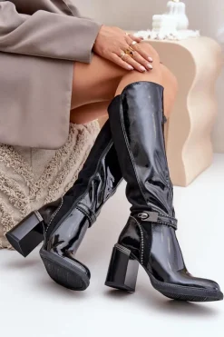 Zdobione Lakierowane Kozaki Damskie Na Słupku D&A MR880-055 Czarne