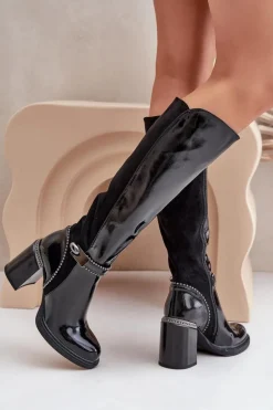 Zdobione Lakierowane Kozaki Damskie Na Słupku D&A MR880-055 Czarne